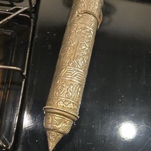 Antique Tibetan Silvered Brass Embossed Repoussé Scroll Case with Chain